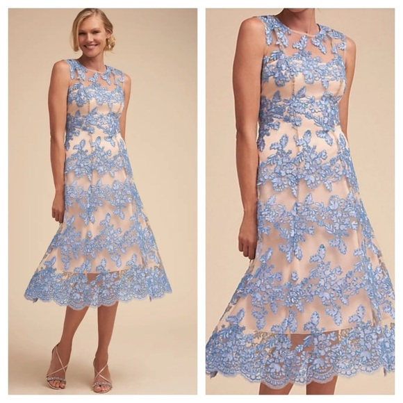 BHLDN Women Light Blue Lace Mesh Overlay Fit Fare Sleeveless Midi Dress size 4 - Picture 1 of 12